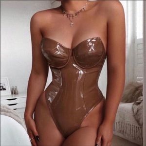 Tan latex leather corset